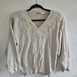 Vintage Beaded Pearles Lace Grandma Sweater Granny Core  Prairie romantic small